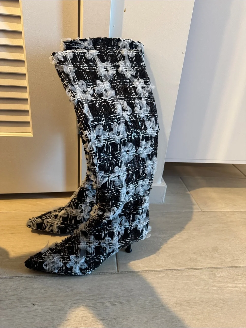 Betsey Johnson Black & White Floral Sequin Embellished Knee-High Heeled Boot
